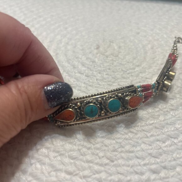 Tribal TURQUOISE & RED CORAL Handmade Sterling Bracelet Size 7 3/4" #134D - Picture 4 of 4